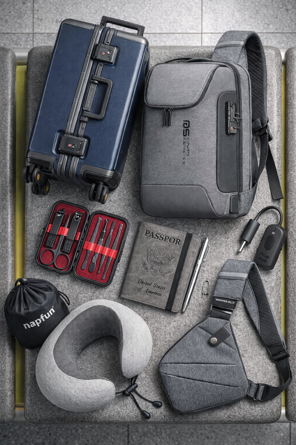 Minimal travel tech flat lay
